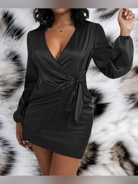 Black Satin V-neck  Wrap Side-Tie Waist Mini Wrap Dress/Top